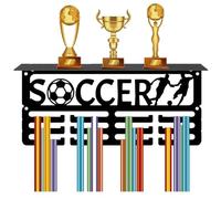 CREATCABIN Espositore per Medaglie da Calcio con Ripiano Porta Medaglie da Calcio Scaffale per Trofei Piccolo Sport 4 Fila Montaggio A Parete Contiene 70+ medaglie per Uomo Calcio Corsa 29x13x10cm