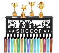 CREATCABIN Espositore per Medaglie da Calcio con Ripiano Porta Medaglie per Trofei Telaio per Rack da Calcio in Ferro Montaggio A Parete Ganci per Medaglie Sportive Organizzatore per Appendere sopra
