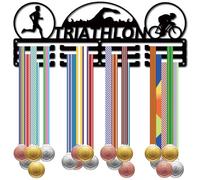 CREATCABIN Espositore Porta Medaglie da Triathlon in Ferro Gancio Medaglie in Metallo Montato A Parete Premiare Nastri 3 Linea Ganci Separati Corsa Nuoto Bici Sport Medaglia 15x40cm