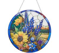 CREATCABIN Finestre Colorate Appendere Acchiappasole retrò Girasole Ornamento Appendere Pannello Rotondo in Acrilico Catena in Ferro e Anelli Saltare Decorazione Estiva La Casa Regalo Amici 20x20cm