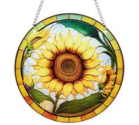 CREATCABIN Finestre Colorate Girasole Acchiappasole da Appendere Ornamento Floreale Pannello Rotondo Set Acchiappasole Catena in Ferro Anelli Saltare Regalo L'Estate Famiglia Amici Compleanno 15x15cm