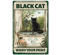 CREATCABIN Funny Black Cat Wash Your Paws Targa in Metallo in Metallo Citazione Bagno Targa in Alluminio Retro Art Murale Appendere in Ferropinto Poster per Bagno Cucina Decorazione Parete 30x12cm
