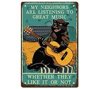 CREATCABIN Gatto Chitarra Metallo Targa In Metallo Rock Music Iron Sign Poster Retro Vintage Impermeabile My Neighbors Are Listening To Great Music For Wall House Home Cafe Bar Pub Gift Plaque 20x30cm