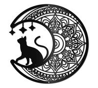 CREATCABIN Gatto Nero Luna Arte della Parete Mandala Decorazione in Metallo Sculture Parete Gotico Appendere Frontoni Ornamento per Casa Soggiorno Cucina Bagno Camera Letto Inaugurazione Ufficio 30cm