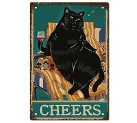 CREATCABIN Gatto Nero Targa In Metallo Vintage Targa In Metallo Poster Cheers Retro Pittura In Ferro Decorazione Da Parete Arte Murale Da Appendere Gentile Promemoria Segno per Bar 30x20cm