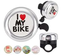 CREATCABIN I Love My Bike Campanello per Bicicletta Classico In Lega di Alluminio Campanelli per Bici Suono Forte e Nitido Manubri per Ciclismo Campanelli Argentati con 4 pezzo di Adesivi In 5.4x5.3cm