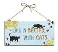 CREATCABIN La Vita È Migliore con I Gatti Targa Decorativa in Legno Decorazioni per La Casa Targa in Legno da Appendere alla Parete Tavola di Legno Targa per Porta 12 x 6 Pollice