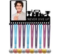 CREATCABIN Never Give Up Medaglie Appendiabiti Espositore Porta Medaglie Trofei con Cornice per Foto Sport in Metallo Appeso Premi per Atleti Supporto A Parete con 20 Gancio per Medaglie 42x25cm