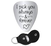 CREATCABIN Plettro per chitarra con incisione "I Pick You Always and Forever", in acciaio inox, con custodia portachiavi in pelle, per San Valentino, acustico, elettrico, basso, musicista, 3,2 x 2,5