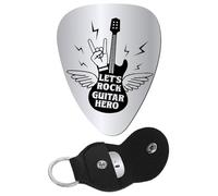 CREATCABIN Plettro per chitarra con incisione Let's Rock Guitar Hero in acciaio inox, per basso, acustico, elettrico, roccia, con supporto in pelle PU, portachiavi, plettri, per musica, 3,2 x 2,5 cm