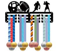 CREATCABIN Porta Medaglia di Rugby Medaglia Gancio Espositore Sport Metallo Appeso Premi Ferro Piccolo Supporto Decorazione per Parete Gara di Casa Corsa Nuoto Calcio Medaglia di Calcio Nero 29x13cm