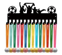 CREATCABIN Porta Medaglie Calcio Appendiabiti Espositore Rack Sport Metallo Appeso Premi Ferro Piccolo Supporto Decor 14 Gancio per Parete Casa Distintivo Gara Calcio Ginnastica Nuoto Nero 29x13cm