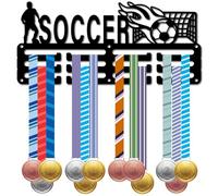 CREATCABIN Porta Medaglie Calcio Ganci Esposizione in Metallo Supporto Parete Organizer Premi 3 Linea Supporto 40+ medaglie Regalo Giocatori Calcio Atleti 13x29cm Nero