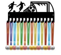 CREATCABIN Porta Medaglie Calcio Porta Medaglie Calcio Espositore Premi Gare Sportive Organizzatore Nastri Premi Vittoria Piccolo Porta Medaglie in Metallo Nero 14 Gancio Giocatori Atleti 29x13cm