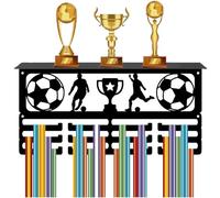 CREATCABIN Porta Medaglie Calcio Porta Medaglie Calcio Espositore Trofei 12 Gancio Porta Medaglie in Metallo Sportivo Ripiano Montaggio A Parete Appendere 60+ medaglie Nastri Premi 40x20x10cm