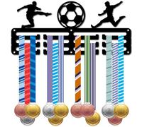 CREATCABIN Porta Medaglie da Calcio Appendiabiti per Medaglie Sportive Display Gara Competizione Vittoria Premi Organizzatore di Nastri Piccolo Telaio in Metallo Nero Appendere 40+ medaglie 29x13cm