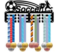 CREATCABIN Porta Medaglie Da Calcio Medaglie Sportive Appendiabiti Espositore Telaio In Metallo Atleti Giocatori Competizione Piccoli Premi Neri Cordino Nastri Appesi su 40 Medaglie per Regali 29x13cm