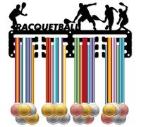 CREATCABIN Porta Medaglie da Racchetta Espositore Medaglie in Metallo Nero Piccolo Ripiano Appendini Targhe Organizer Cornice Medaglie Montata A Parete 12 Gancio Nastro Premio da Calcio 29x13cm