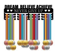 CREATCABIN Porta Medaglie Espositore Appendiabiti Sport Dream Believe Achieve Never Give Up Supporto Parete Ferro Metallico per Giocatori Race Runner Ginnastica Nuoto Corsa su 60 medaglie Nero 40x15cm