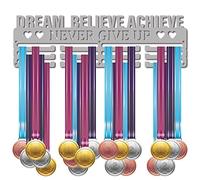 CREATCABIN Porta Medaglie Espositore Appendiabiti Sport Dream Believe Achieve Never Give Up Supporto Parete Ferro Metallico per Corridori Giocatori Ginnastica Nuoto Corsa 60 medaglie Argento 40x15cm