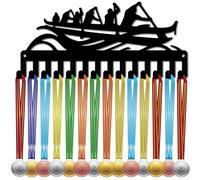 CREATCABIN Porta Medaglie Nautiche Appendini per Medaglie Espositore Metallo Nero Ferro Piccolo Appendiabiti Organizzatore Cornice per Medaglie Montaggio A Parete con 14 gancio per Canottaggio 29x13cm