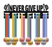 CREATCABIN Porta Medaglie Never Give Up Appendiabiti Medaglie Sportive Appendiabiti Espositore Parete Montato 30 medaglie in Legno per Nuoto Bicicletta Corsa Atleti Champions Medalist Nero 40x13cm