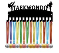 CREATCABIN Porta Medaglie Taekwondo Espositore Medaglie Piccoli Premi Cordini Nastri Organizer Supporto in Metallo Cornice Decorativa Supporto Parete 14 Gancio Atleta Sportivo Nero 29x13cm
