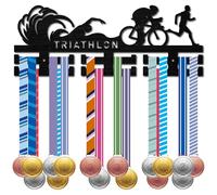 CREATCABIN Porta Medaglie Triathlon Porta Medaglie Sportive Parete Premi Gara 2 Fila Ganci 30+ Nastri Medaglie Espositore Sospeso Nuoto Ciclismo Corsa Atleti Regalo Vincitori 40x15cm