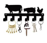 CREATCABIN Portachiavi In Metallo Nero Portachiavi Appendiabiti Da Parete Decoro Da Appendere In Ferro Organizzatore Decorativo In Roccia con 6 ganci Mucca e Maiale e Pollo 10.6 x 4.3 pollici