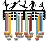 CREATCABIN Supporto Medaglie Calcio Espositore Medaglie Calcio 3 Fila 12 Ganci Piccoli Nastri Premi Sportivi Organizer in Metallo Montaggio A Parete Contiene 40+ medaglie Atlete Giocatrici 29x13cm