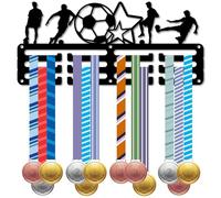 CREATCABIN Supporto Medaglie da Calcio Supporto Medaglie da Calcio Piccolo Porta Premi Telaio in Metallo Nero Appeso A Parete Decorazione Nastri Sportivi Atleti Giocatori Gare 29x13cm