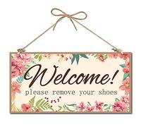 CREATCABIN Targa Decorativa in Legno con Scritta Welcome Please Remove Your Shoes Decorazione per La Casa Il Patio 30,5 x 15,2 Cm
