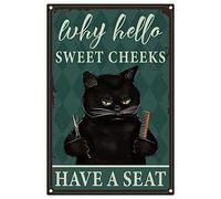 CREATCABIN Targa in Metallo Cat Barber Targa in Metallo Sweet Cheeks Have A Seat Vintage Divertente Poster Appendere Decor per Barbiere Bagno Cucina Cafe Home Bar Soggiorno Natale Halloween 20x30cm