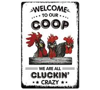 CREATCABIN Targa in Metallo con Pollo Welcome To Our Coop Targhe Divertenti con Citazioni Gallo Vintage Wall Hanging Art Decor per Farm Yard Farmhouse Home Living Room 20x30cm
