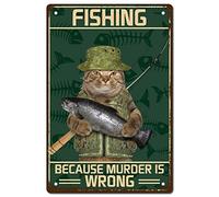 CREATCABIN Targa in Metallo Gatto Pesca perché L'Omicidio È Sbagliato Poster Arte retrò Vintage Murale Appendere in Ferropinto Animalivertenti per Casa Cucina Bagno Decorazione da Parete 30x12cm