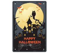 CREATCABIN Targa in Metallo retrò Vintage Happy Halloween con Zucca Castello Welcome Bats Ghost Witch Sign for Home Coffee Kitchen Wall Decor 12 x 8 Pollice