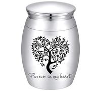 CREATCABIN Urna Commemorativa Sempre nel Mio Cuore Albero del Vita Urna Commemorativa Lega Metallo Argentato Decorativa Ceneri Cremazione Contenitore Porta-Ricordo Borsa Cucchiaio Stoffa 4.05x3cm