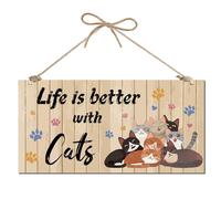 CREATCABIN Vita È Migliore I Gatti Cartello in Legno Rustico Targa in Legno Spago Iuta Gattino Stampa Decorativa Zampe Gatto Decorazione Parete Negozio Animali Ornamento Appendere alla 30x15cm
