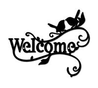 CREATCABIN Welcome Metal Wall Art Birds On Branch Decor Wall Hanging Silhouette Scultura Ornamento Cartello In Ferro per Interni Esterni Casa Soggiorno Cucina Giardino Ufficio Decorazione Regalo Nero