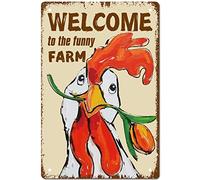 CREATCABIN Welcome To The Funny Farm Sign Chicken Metal Tin Signs Retro Vintage Poster Wall Decor Garage Farmhouse Garden Bar Club Bagno Porta Yard Decorations, 8 x 12 Pollice