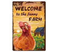 CREATCABIN Welcome To The Funny Farm Sign Chicken Targhe in Metallo Retro Vintage Decorazione Mural Hanging Iron Painting Targa Poster Farmhouse Garden Bar Club Porta Decorazioni Cortile 30x12cm