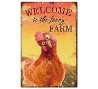 CREATCABIN Welcome To The Funny Farm Targa Pollo in Metallo Targa in Metallo Gallo Pittura Vintage Poster Targa Retro Targa in Ferro Murale da Appendere Decorazione da Parete per Ristorante 20x30cm