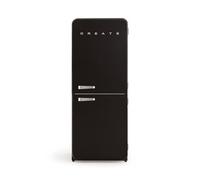 CREATE / RETRO FRIDGE COMBI 185 SILVER/Frigorifero combinato nero con maniglia argenta e congelatore, capacità 401L / 190W, No Frost, 3 ripiani, 2 cassetti, dimensioni 70x65x185 cm