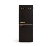 CREATE / RETRO FRIDGE COMBI 185 WOOD/Frigorifero combinato nero con maniglia legno e congelatore, capacità 401L / 190W, No Frost, 3 ripiani, 2 cassetti, dimensioni 70x65x185 cm