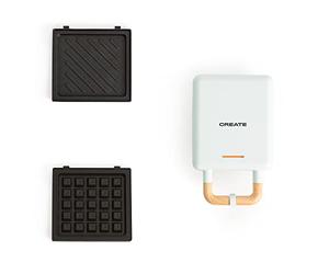 CREATE/STONE STUDIO/Tostiera individuale per sandwich e waffle Azzurro pastello / 2 piastre intercambiabili: sandwich-grill, waffle, taiyaki, pancake e ciambelle, antiaderente, apertura 100º, 600W