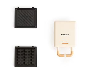 CREATE/STONE STUDIO/Tostiera individuale per sandwich e waffle Bianco sporco / 2 piastre intercambiabili: sandwich-grill, waffle, taiyaki, pancake e ciambelle, antiaderente, apertura 100º, 600W