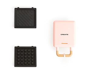 CREATE/STONE STUDIO/Tostiera individuale per sandwich e waffle Rosa pastello / 2 piastre intercambiabili: sandwich-grill, waffle, taiyaki, pancake e ciambelle, antiaderente, apertura 100º, 600W
