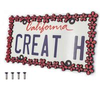 creathome 3D Shining Daisy Wrenth License Plate Frame from Pure Zinc Alloy Metal Perfect Plate Holder,Matt Black with Red Glitter