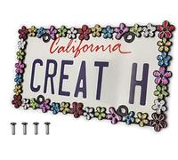 creathome 3D Shining Daisy Wrenth License Plate Frame from Pure Zinc Alloy Metal Perfect Plate Holder, Matt Black with Colorful Glitter