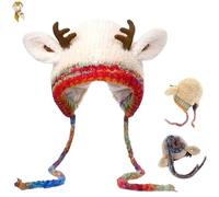 Creative Antler Hat & Bag 2-in-1,Festive Christmas Knitted Reindeer Beanie,Warm Foldable Winter cap Handbag with Deer Antlers (Deer-Beige)